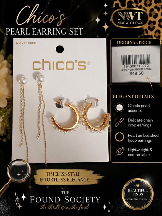 Chicos Jewelry - Chico's NWT Gloria Pearl Hoop & Drop Earring Set Gold Tone MSRP $49.50